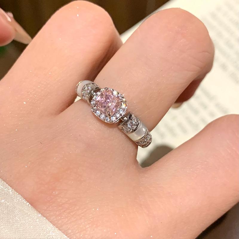 Korean Style Pink Geometric Zircon Ring – Sweet, Fashionable, and Adjustable for a Light Luxury Feel