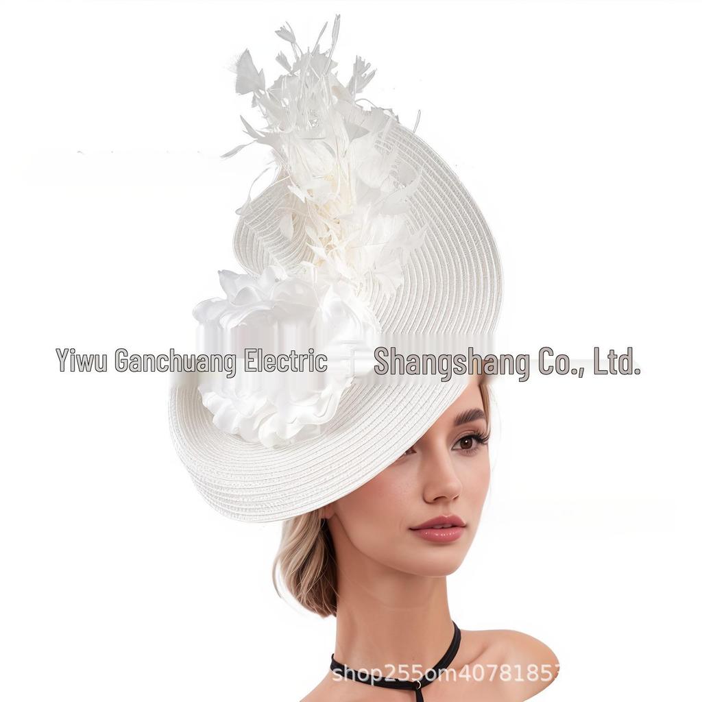 Elegant Straw Exaggerated Top Hat with Flowers & Feathers Headband Hair Accessory
