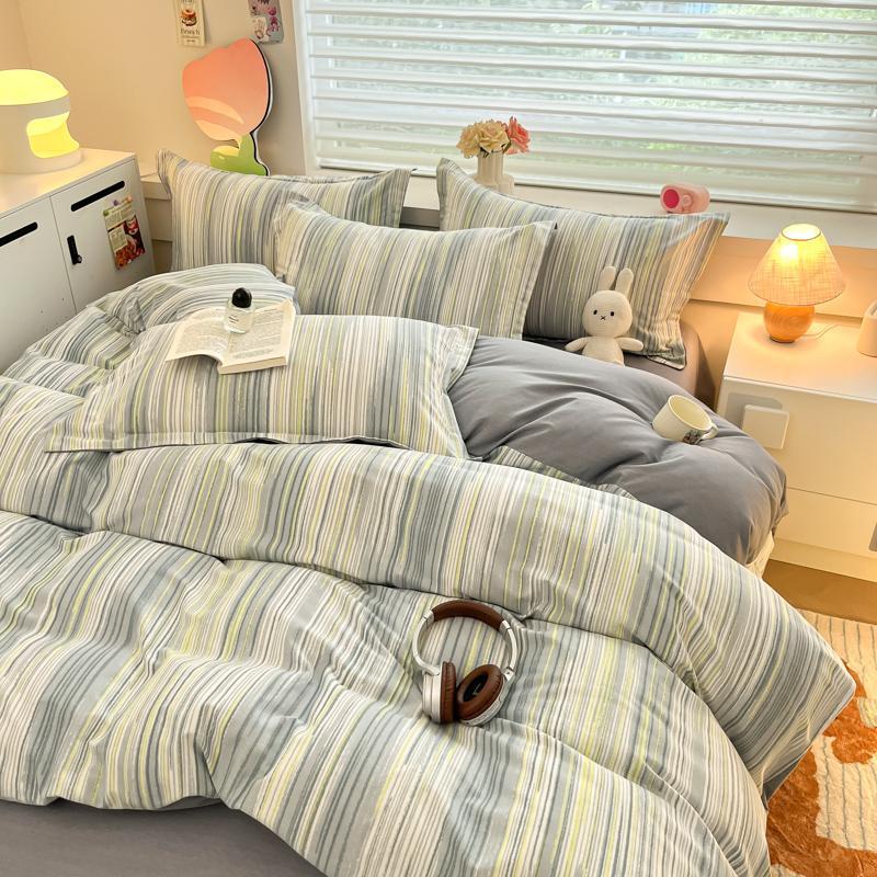 Colorful Striped Cotton Duvet Cover Boys Girls Bedroom Gray Thick Reversible Comforter Cover Single Queen Bedding No Pillowcase