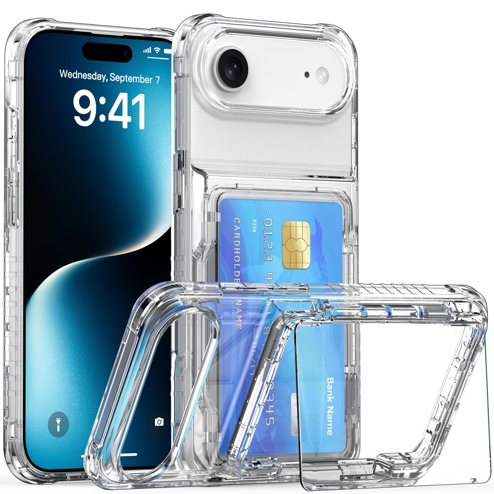 

For iPhone 17 Air Clear Case PC+TPU Phone Cover Card Holder Kickstand Transparent