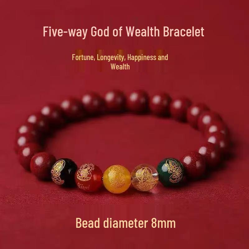 Cinnabar Five Gods of Wealth Bracelet - Luck-Changing Hand String with Purple Gold Sand Beads for Men and Women