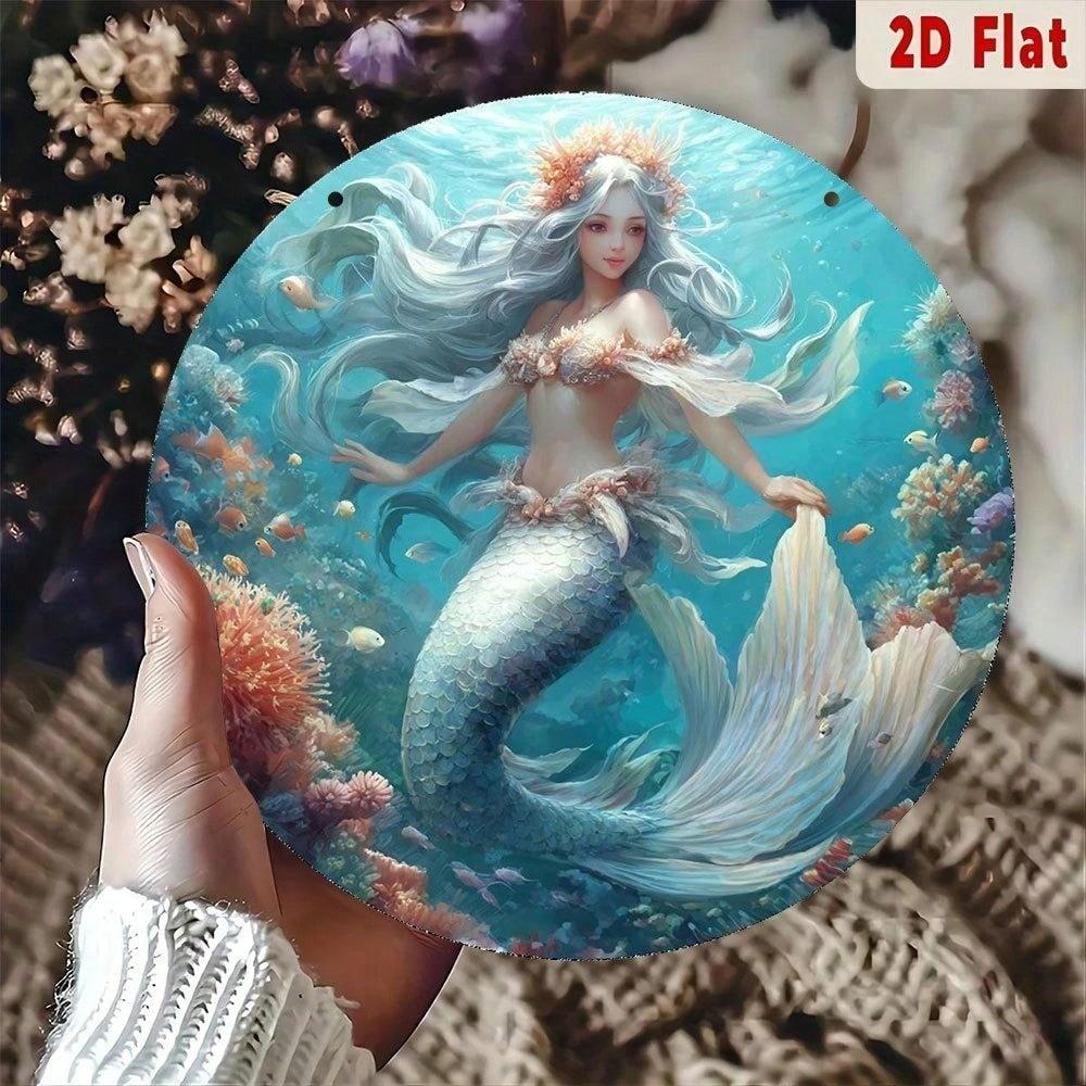 Vintage Mermaid Aluminum Sign, Round Coral Reef Wall Decor, Undersea Metal Plaque