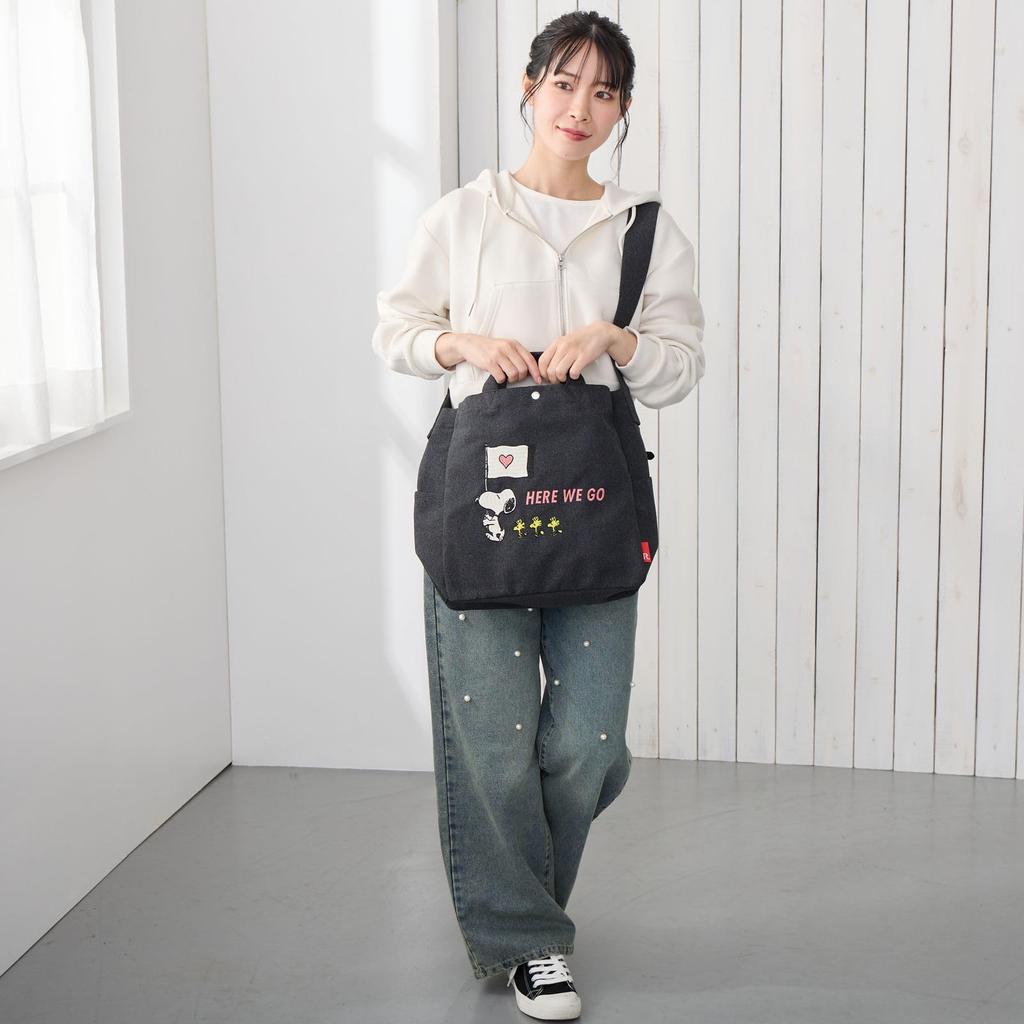 ROOTOTE Women's Snoopy Tote Bag, A4 Size, Embroidered, IP Medium, 2-Way, Peanuts-0J 8441 (02 Khaki)