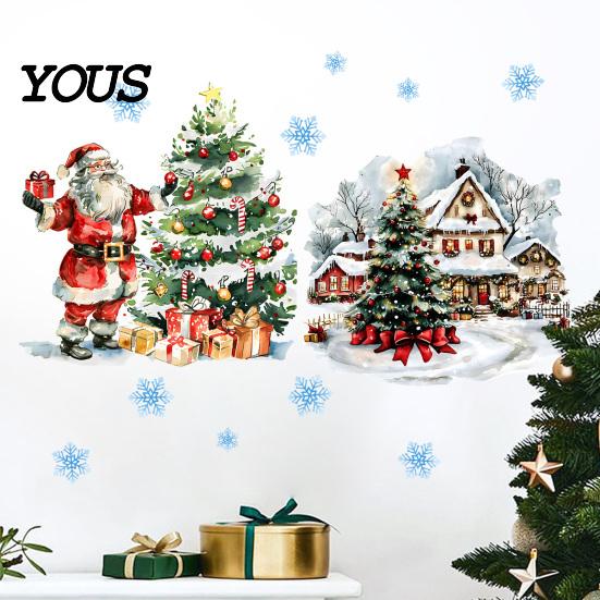 Winter Scene Wall Decor Christmas Decals, Watercolor Santa Claus Xmas Tree Village House Sticker, Peel Glass Door Decorative Film And Stick Removable