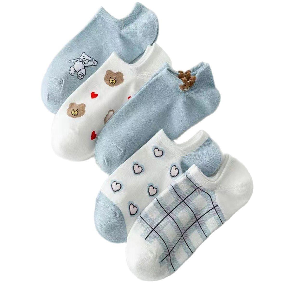 

5 пар женских повседневных носков с низким паголенком с милым узором в виде медведя и сердца, стандартные женские носки, дышащие модные носки One Size