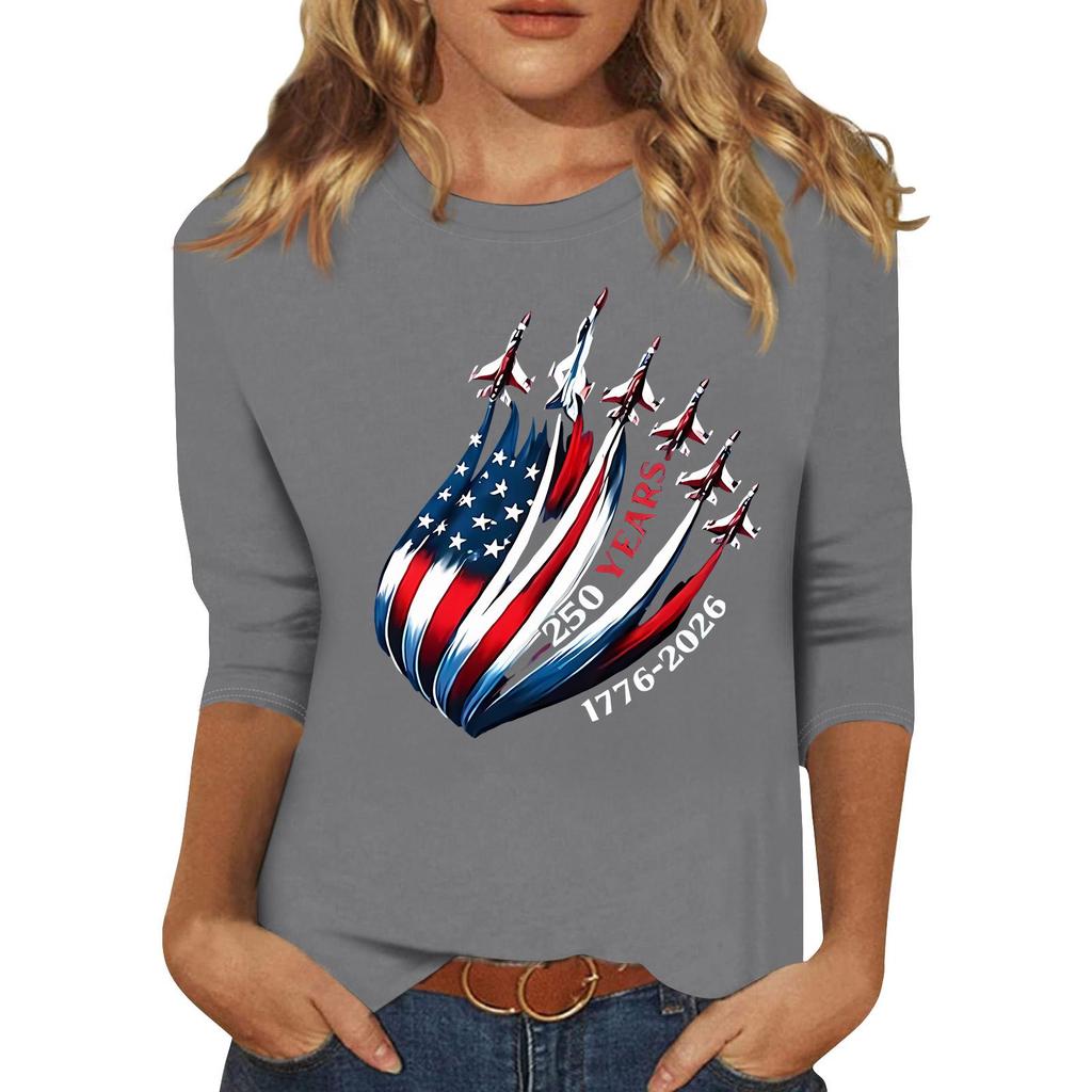 Women's Fashionable Casual Three-Quarter Sleeve 250th Anniversary Independence Day Print Neck Sweater