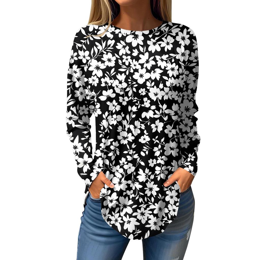 Women's Loose Round Neck Print Long Sleeve T-Shirt Top Pullover