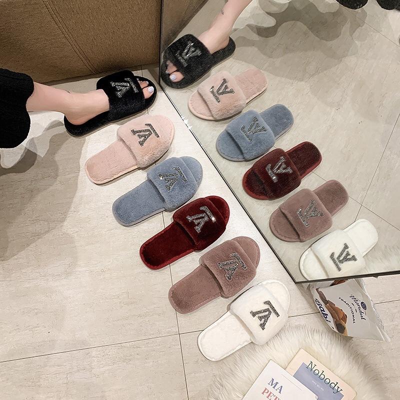 Large Size Fluffy Slippers Autumn and Winter New Home Flat Bottom Warm One-word Slippers Fashion Cotton Slippers