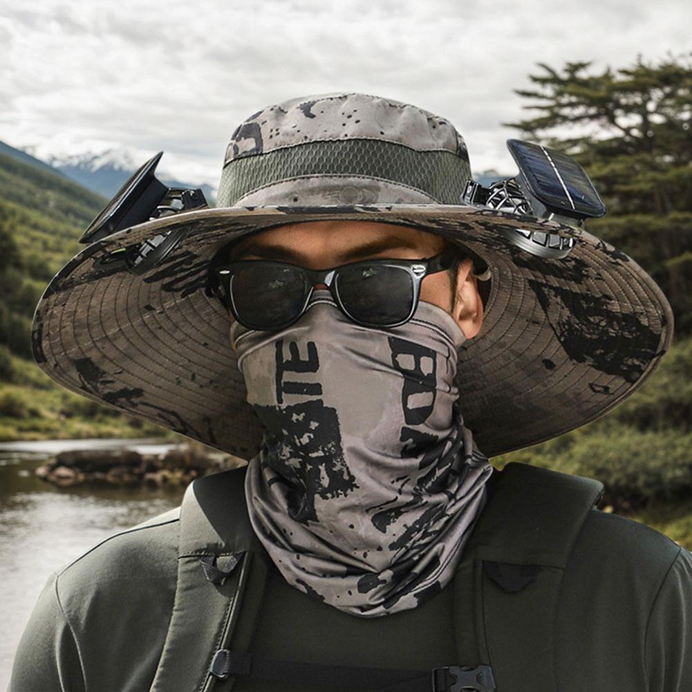 Solar Fan Hat Anti-UV Outdoor Wide Brim Sun Hat with 2 Fans Rechargeable Men Fisherman Cap for Camping Fishing Hiking