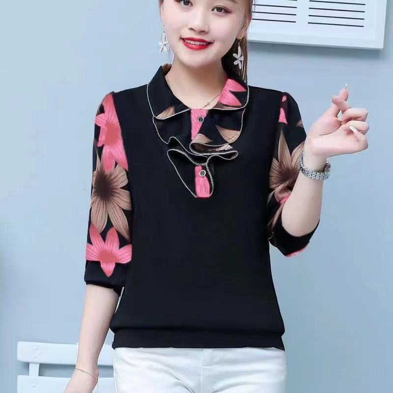 M-5XL primavera otoño nueva camisa con cuello tipo Polo para mujer moda mamá blusa de manga larga Camiseta holgada con estampado
