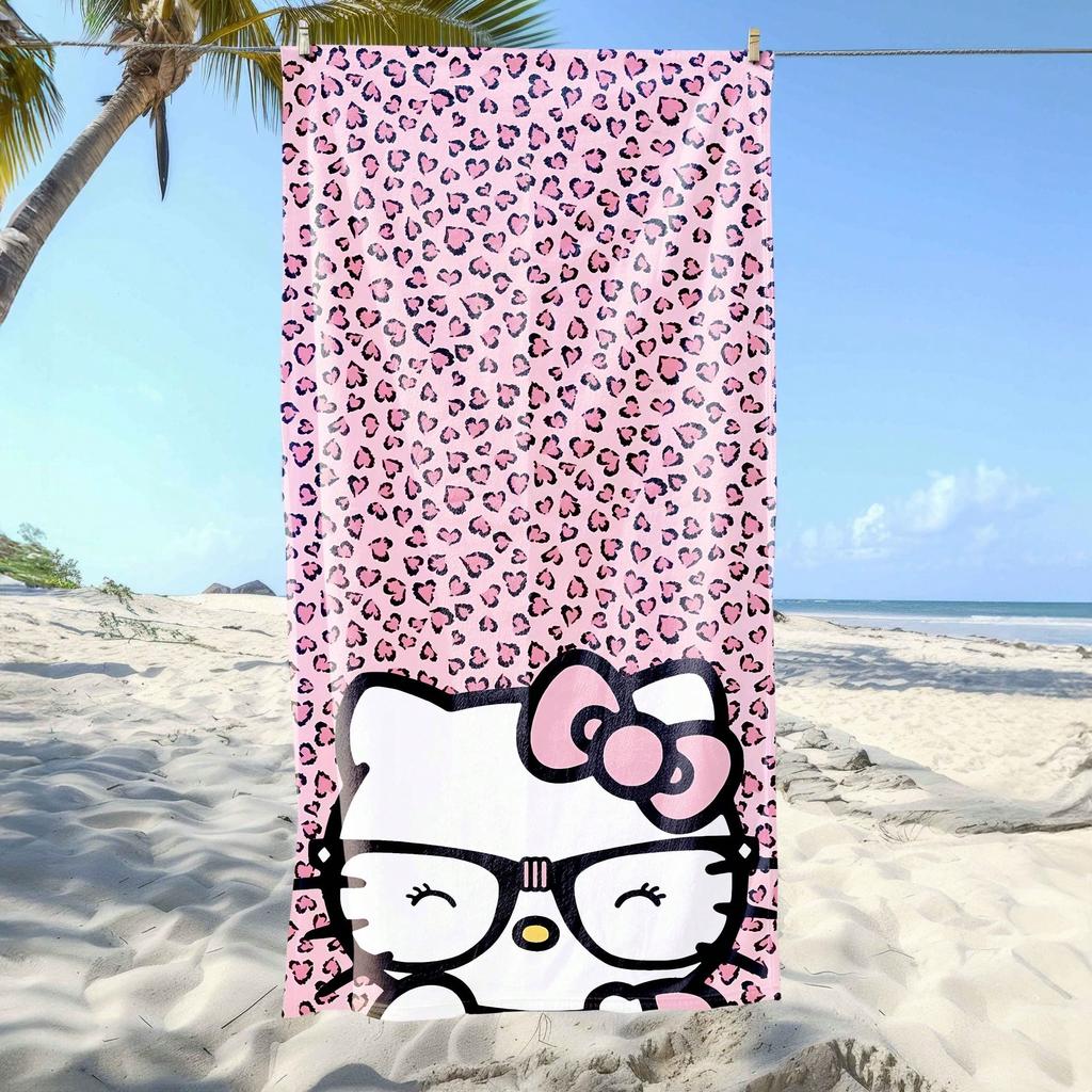 1PC Sanrio Hello Kitty Beach Towel - Leopard Print Flat Print, Quick Dry Soft Absorbent Sun Protection Towel for Men & Women Out