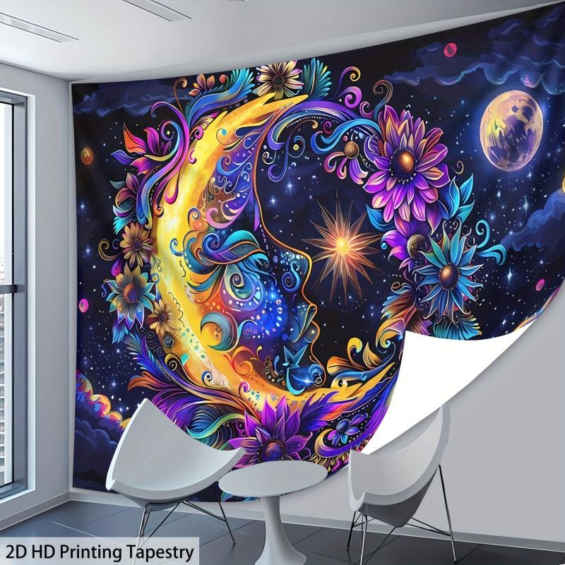 VIKAMA Fantasy Floral Star and Moon Tapestry  Bohemian Style Ideal for Living Rooms Bedrooms and Balconies as Artistic Decor