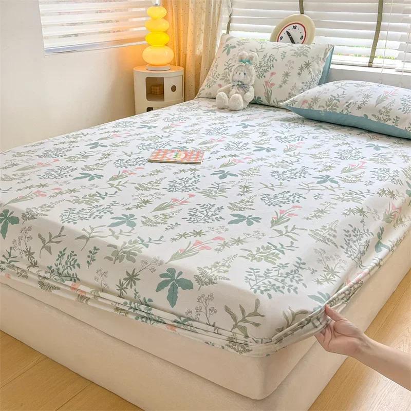 Kawaii Bear and Rabbits Printed Fitted Sheet Set Pure Cotton Cartoon Animals Mattress Cover for Kids Boys Girls Bedroom Decor