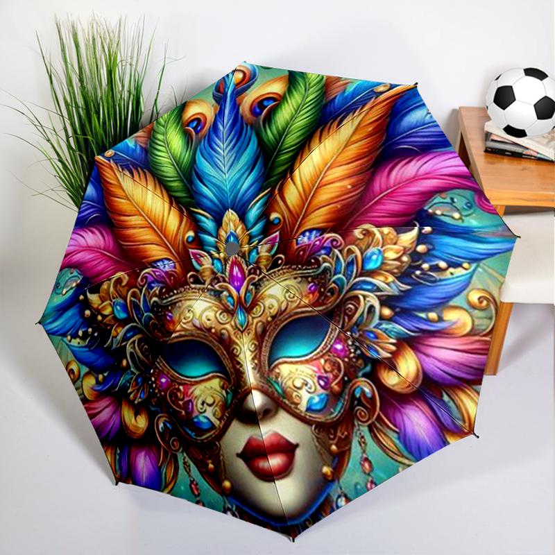 Bohemia Drawing Mask Umbrella Automatic Open/close, Sturdy Iron Frame & 8-Rib Struct, Umbrella for Women & Men, Christmas Gifts