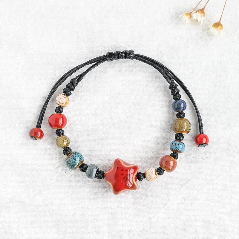 Kaseakia Handmade STAR Vintage Ceramic Stone Beads Wax Cord Adjustable Beaded Bracelets Bohemian Boho Jewelry for Women
