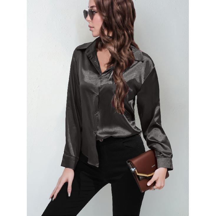 

Women s satin shirt, faux silk long-sleeve, popular solid color top, elegant button-front women s clothing, collared shirt S темно-серого