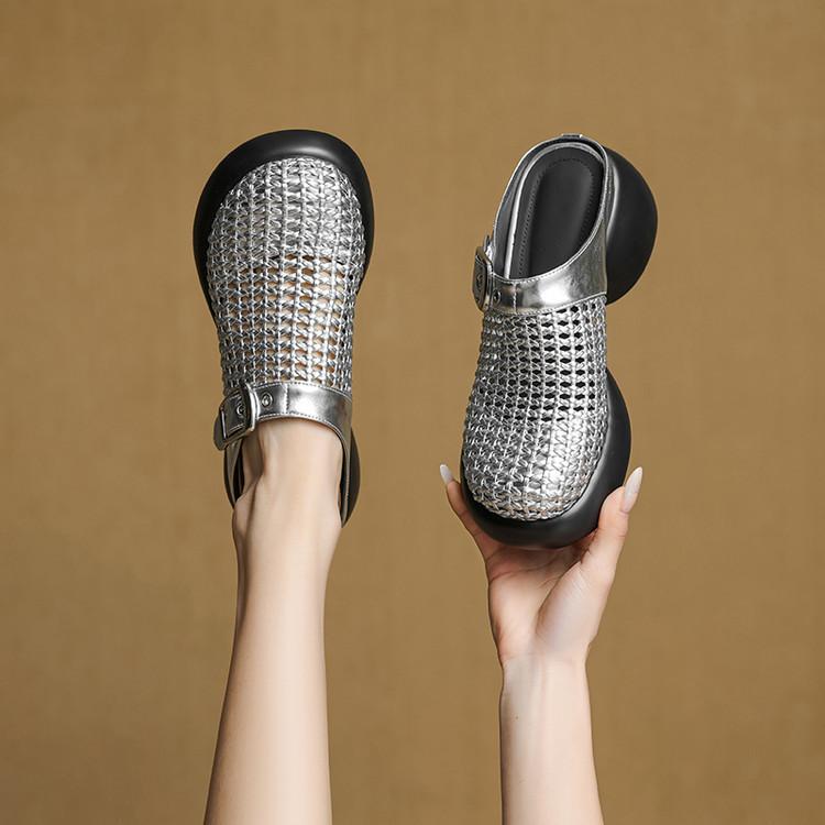 British round head hollow bag head slippers women's 2025 summer new woven thick-soled thick-heeled Muller shoes leather half slippers