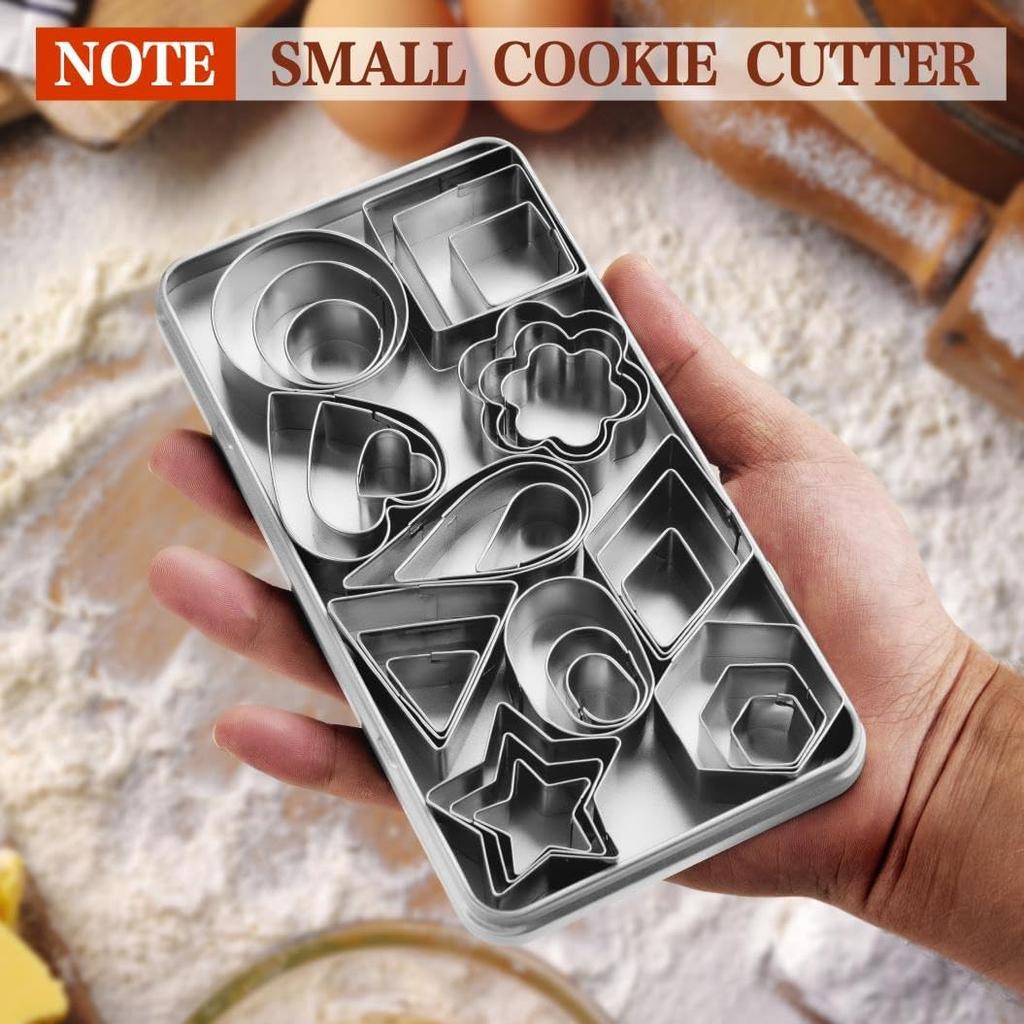 Mini Cookie Cutters Set with Box, QtoiKce 30Pcs Small Stainless Steel Flower Square Heart Round Star Triangle Oval Shapes Cookie Cutters, Mini