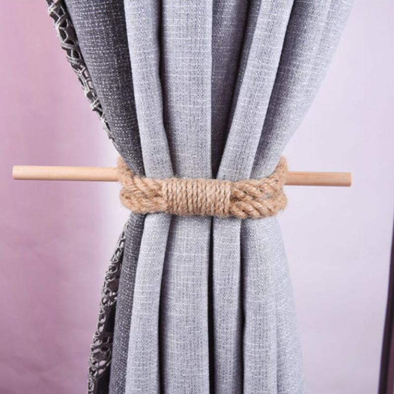 4 Pack Wood Stick and Braided Cotton Linen Rope Curtain Ties for Living Room Bedroom Window Drape Tiebacks Holdbacks