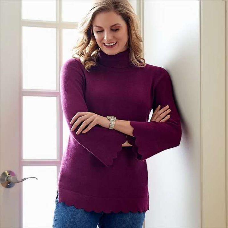 

plus Size Women s Clothes Autumn and Winter Cotton Elastic Turtleneck Base Clothing Chubby Girl Lightweight Sweater Bell Sleeve Casual Tops 238 Dark purple red 46
