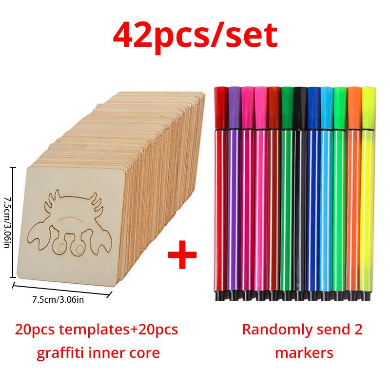 42/48/40pcs Wooden DIY Drawing Template Templates With Markes, Children's Drawing Template Drawing Tool Set