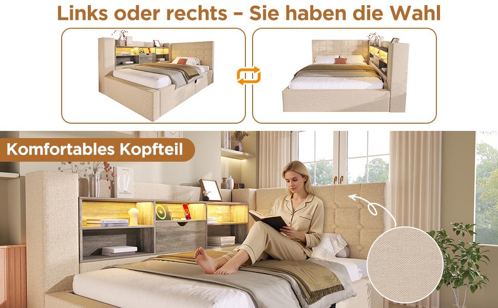 Letto imbottito 90x190 cm Singolo, Illuminazione a LED, Contenitore idraulico, Testiera a L, Reversibile, Rete a doghe, Lino, Beige (Senza materasso)