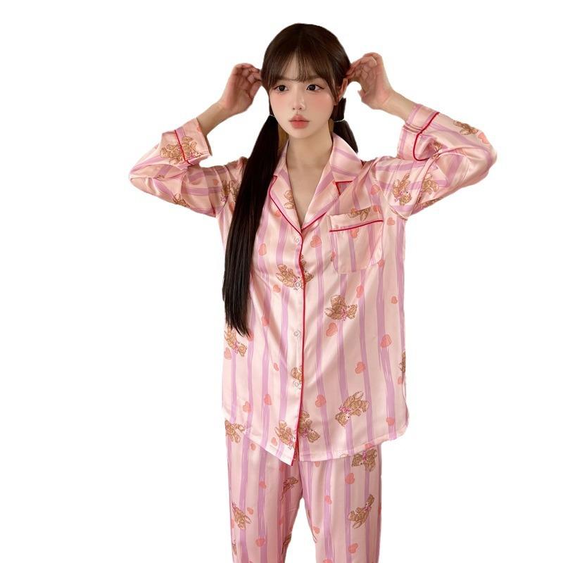 Pajamas women's autumn new long-sleeved trousers ice silk suit cute sweet girl loungewear can be worn outside spring and autumn