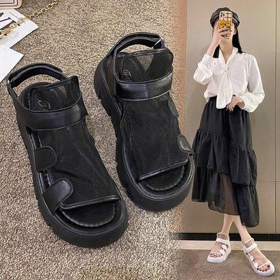 Sandalen Damen Sommer Mode Dicksohlige Atmungsaktive Garn-Mesh Klettverschluss Römersandalen