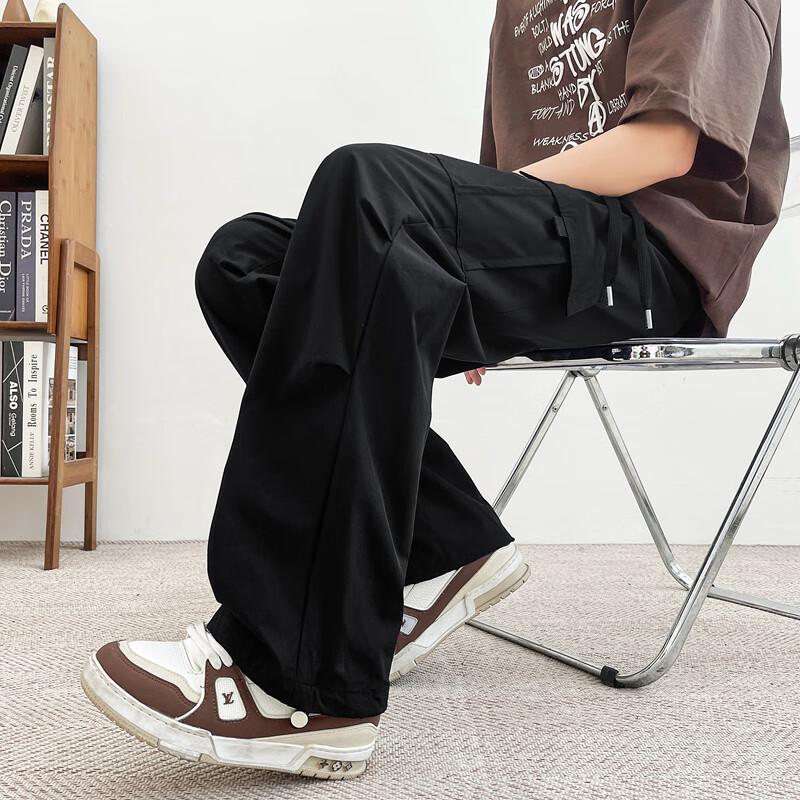 Homlean American-Style Wide-Leg Paratrooper Cargo Pants for Men, Spring Outdoor Sports Versatile Heightening Straight-Leg Trousers KMX05 Black 2XL