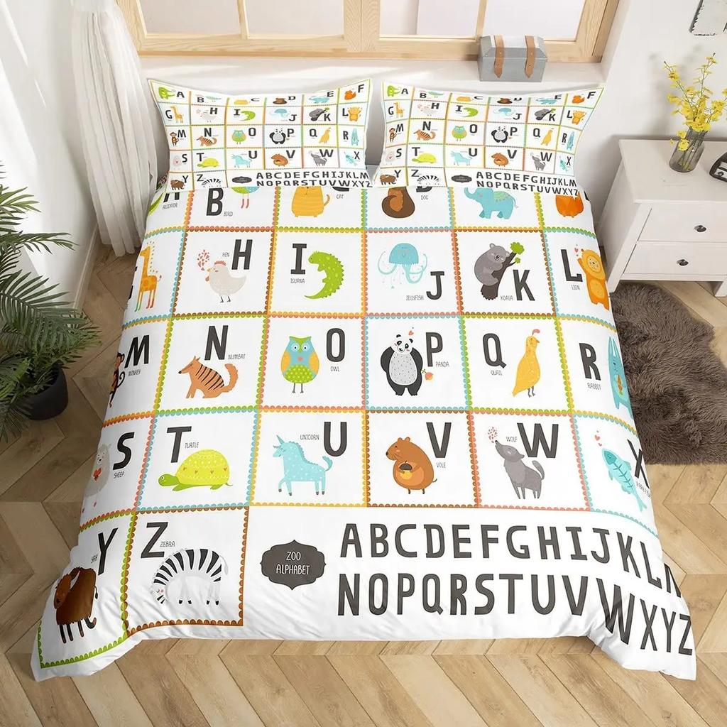 Comforter Cute Cartoon Animals Twin For Kids Boys English Alphabet Bedding Set Cute Monkey Colored Letters Comforter
