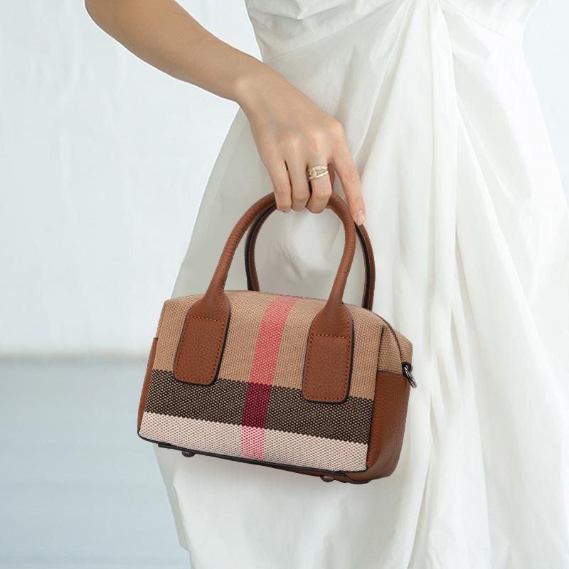 Checkered Design Women's Small Handbag Made of High-quality Canvas and Cowhide Materials