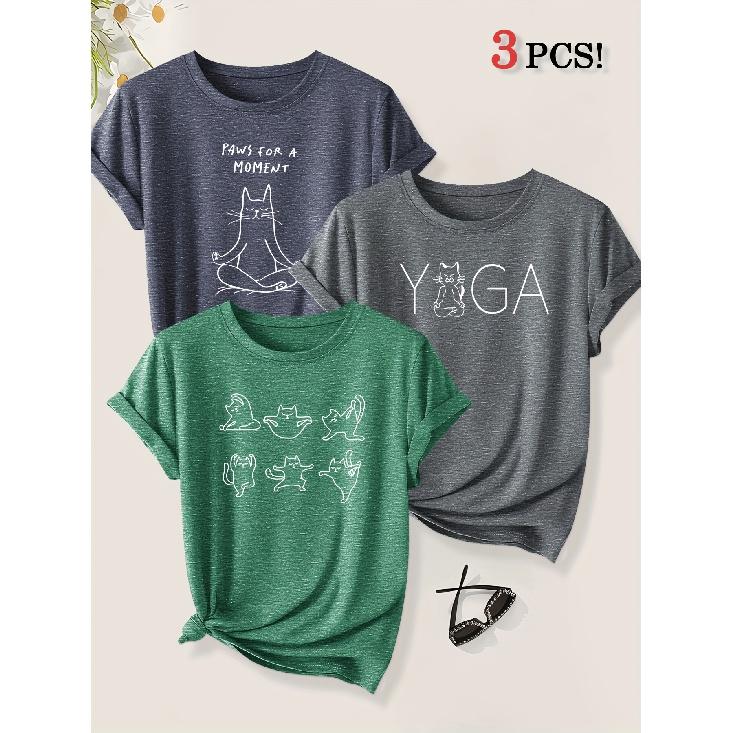 3 Pack Yoga Master Cat Fun Animal Print Women Loose Short Sleeve T Shirts Summer Autumn Leisure Fashion Tops