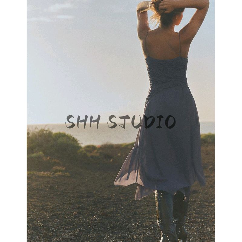 Spring and Summer New Women's Clothing round Neck and Long Pattern Sleeveless Ruched Decorative Asymmetric Thin Strap Dress 1937305