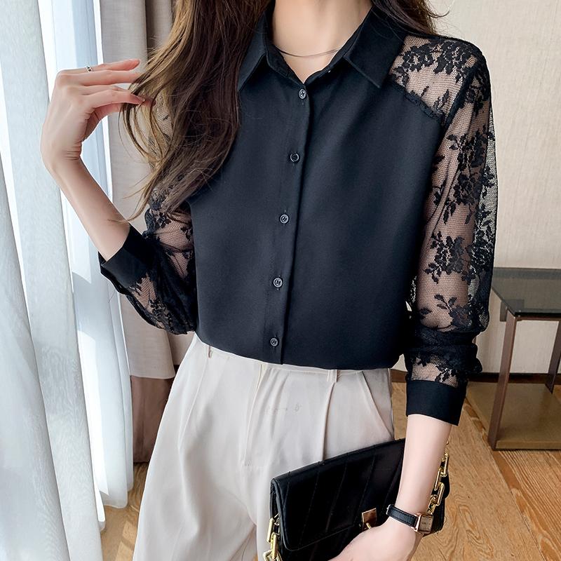 16 Color Lace Patchwork Chiffon Shirt Women Blouse Fashion Hollow Long Sleeved Top Slim OL Work Party Shirt Solid Color