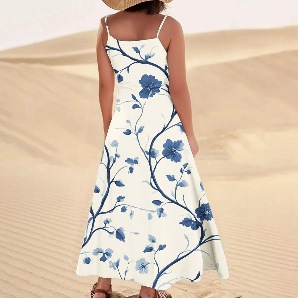 Women's Casual Tie- Floral Print Sleeveless Pocket Dress