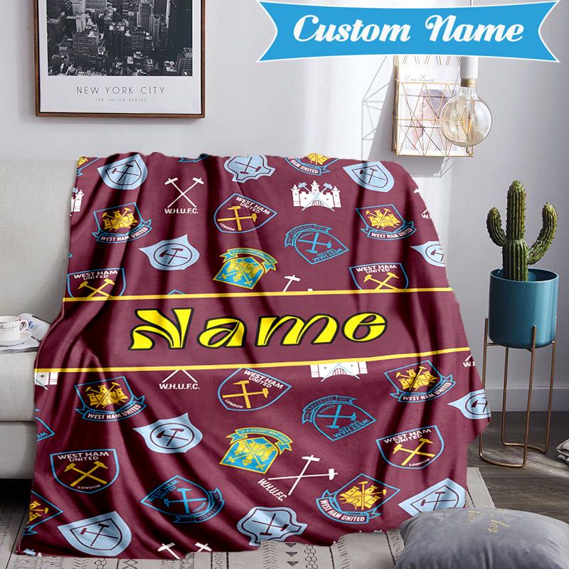 Custom Name West Ham Crests Pattern Blanket Lightweight Ideal Bedding Blanket Perfect for Travel, Camping, Living Rooms, Sofas, Christmas gift