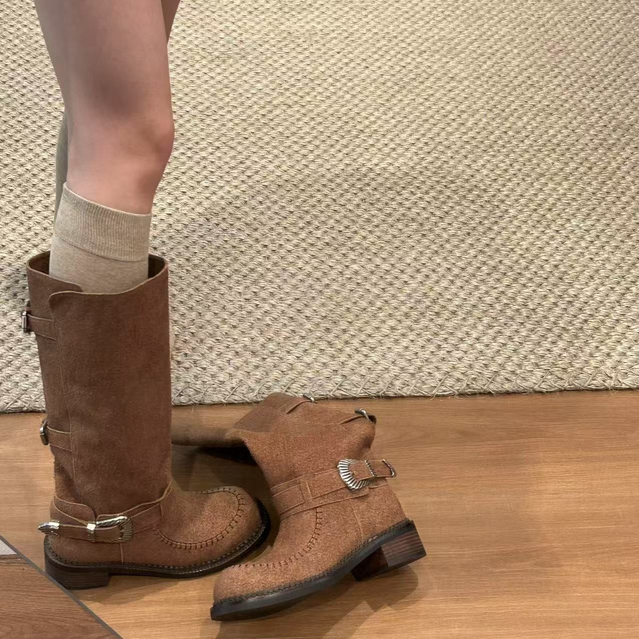 

Thames~ 2025 Autumn New British Style Boots Thick Heel Vintage Versatile Belt Buckle Handmade Straight Boots 35