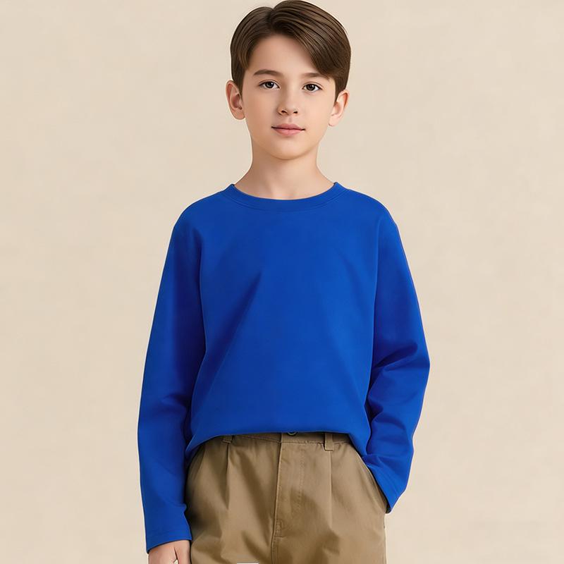 

Kids Spring Solid Color Long Sleeve Cotton T-shirt with Custom Pattern, Round Neck, Middle & Big Sizes. 140 cm