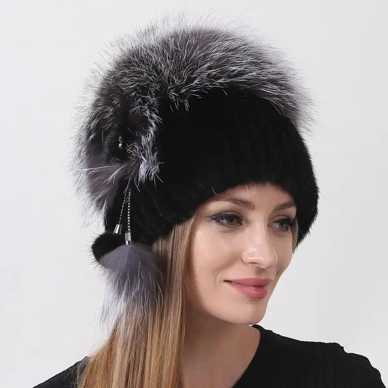 Natural Knitted Mink Fur Hat Stylish Women Winter Warm Fluffy Fox Fur Cap Fashion Beanies Thick Knitted Hats
