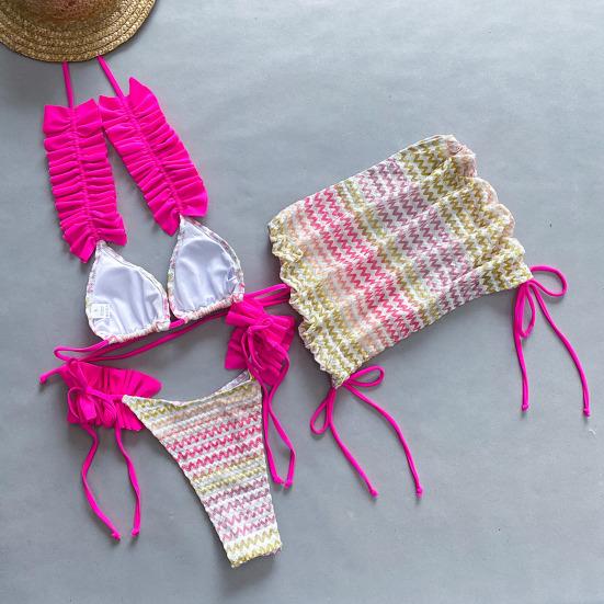 3 Pcs/Set Women Bikini Set Color Matching Lace-up Halter Neck Shirring Pleated