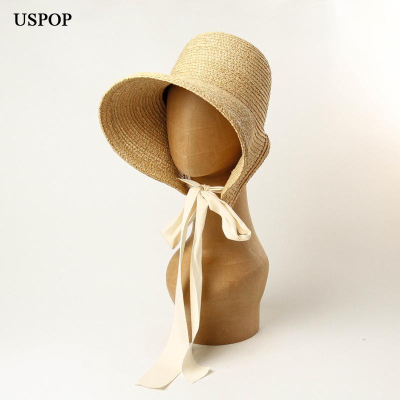 USPOP New Summer Sun Hats for Women Vintage Hand-woven Raffia Hats Wide Brim Lace-up Straw Hats Collapsible Beach Hat