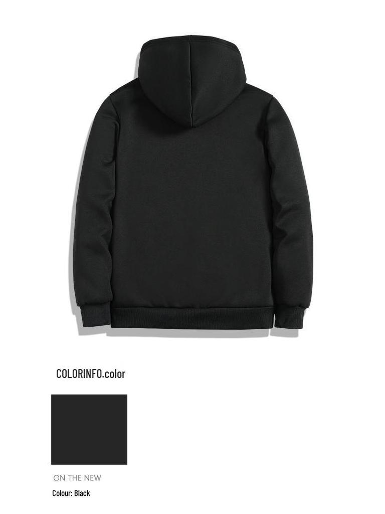 Men's Black Lambswool Thick Winter Hooded Coat with Zipper - Versatile, Loose-Fit Hoodie
