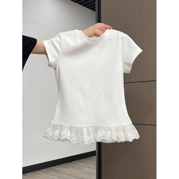 

Сладкая и пикантная женская летняя футболка с кружевной отделкой, круглым вырезом и короткими рукавами S белый