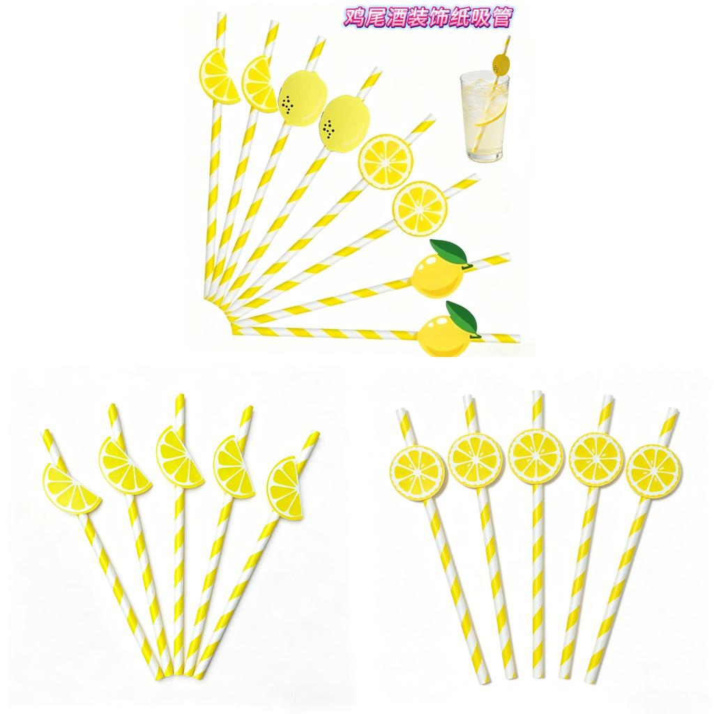 Degradable Paper Straws For Parties With Lemon Pattern For Cake Drinks And Cocktails