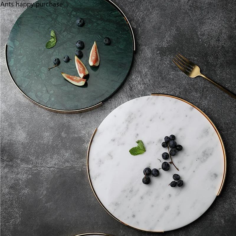 Natural Marble Tray Iron Round Storage Tray Home Decorative Plate Jewelry Trays Cake Pan Dessert Plate Cake Stand Display Trays