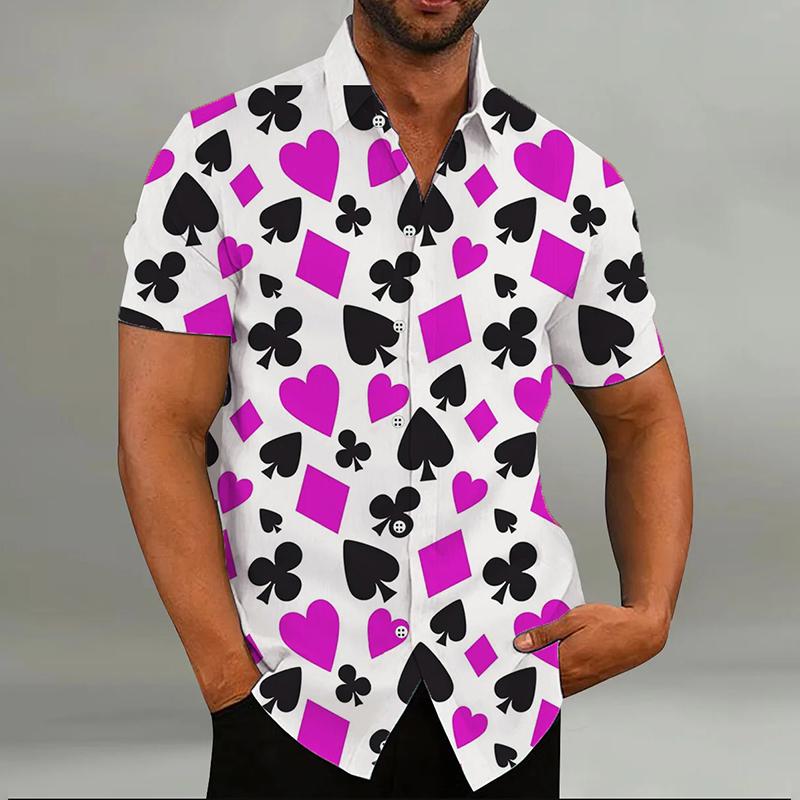 Huiteng4 Mode Herenoverhemd Speelkaarten 8 Kleuren Harten Schoppen 3D-print Revers Korte Mouw Outdoor Straat Casual Herenkleding 5XL