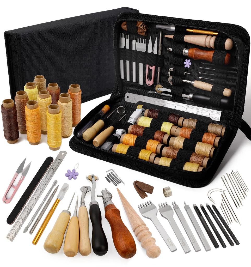 Fenrry Leather Working Tools Leather Stitching Kit Upholstery Repair Kit with Waxed Thread Awl for Beginners Craft DIY Sewing