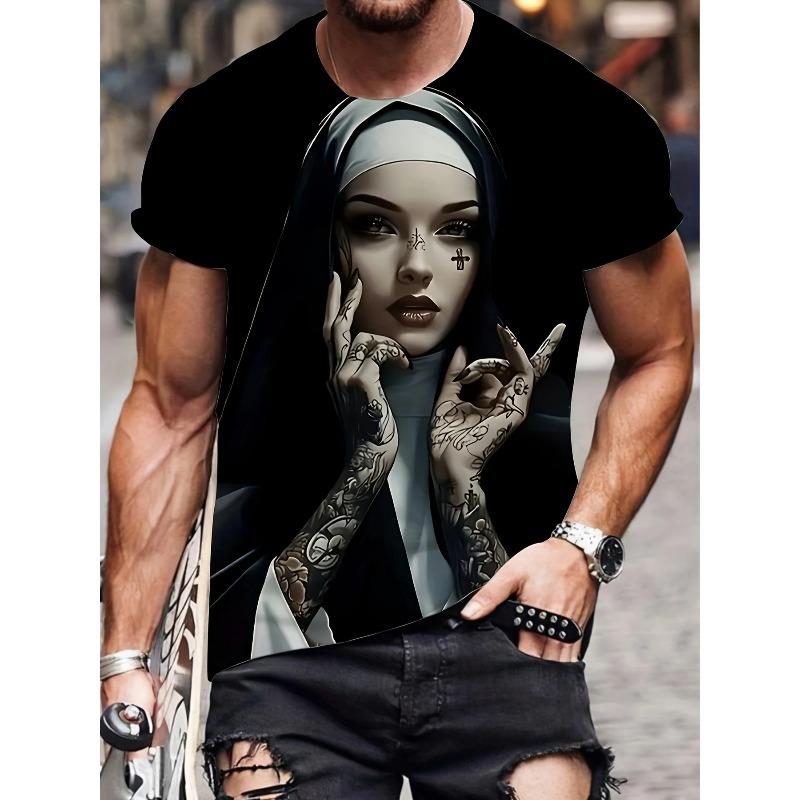 Męska Koszulka z Graficznym Motywem 3D Palącej Zakonnicy Czarna Codzienna Letnia Koszulka Krótki Rękaw Poliester Koszulki Streetwear Vintage Odzież
