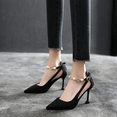 Women Ankle Pearl Chain Strap High Heel Pointed Toe Sandals Shoes High Heel