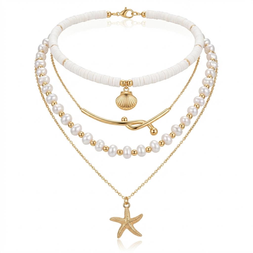 4Pcs/Set Pearl Starfish Shell Necklace Set Bohemian Summer Ocean Multi-layer Pendant Jewelry